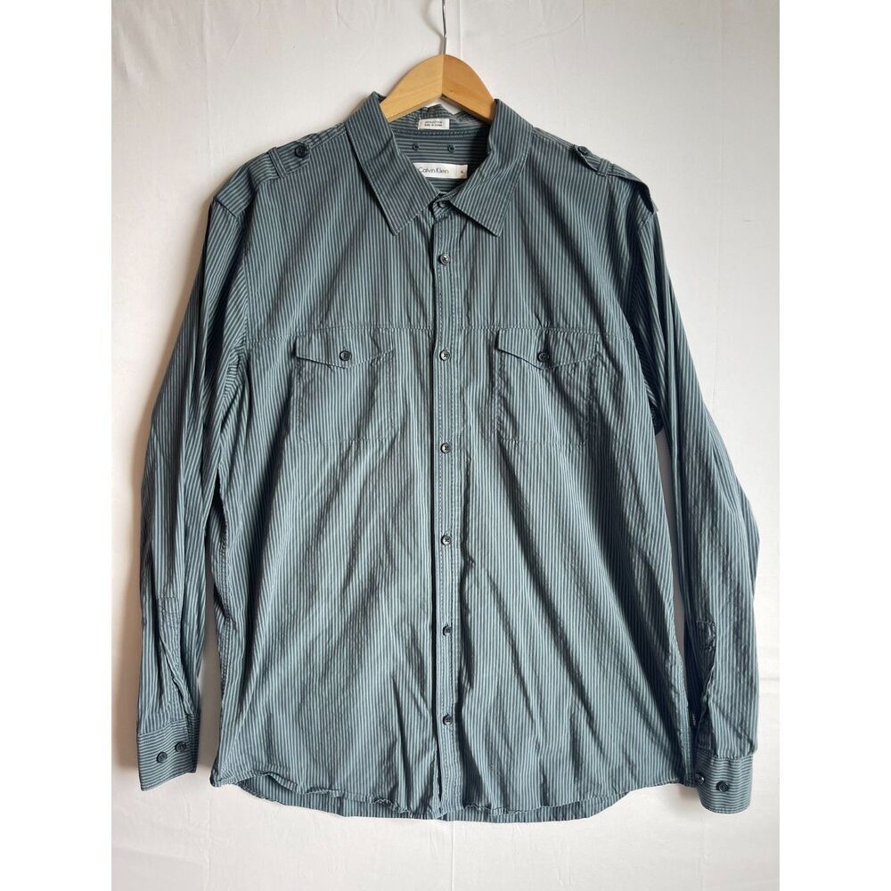Calvin Klein Men’s XL Blue Gray Striped Utility Button Up Shirt Long Sleeve